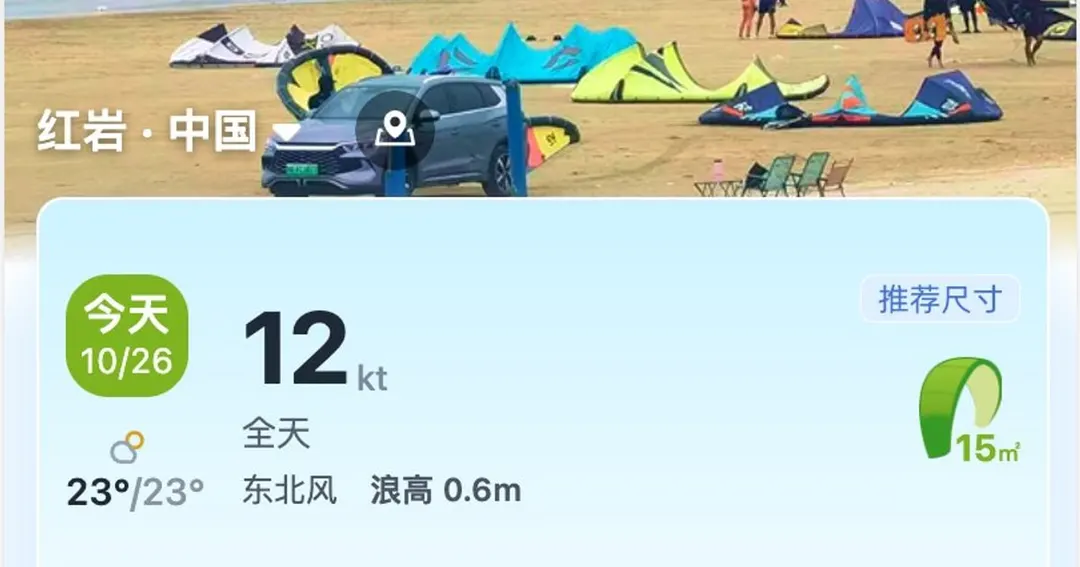 鲸花园风筝冲浪小程序首页，红岩海滩实景头图与今天的风力推荐